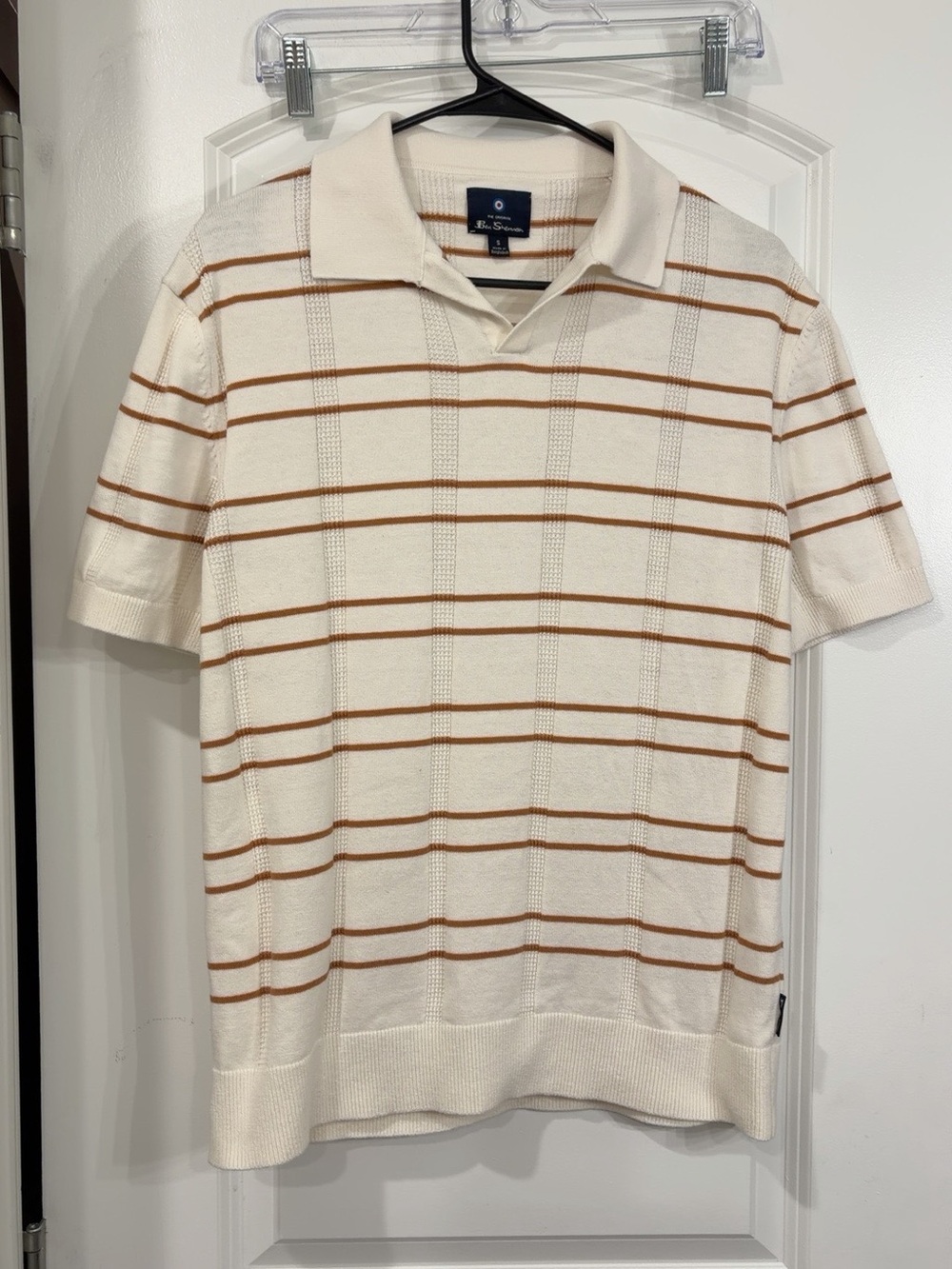 Ben Sherman Men’s Small Retro Mod Knit Polo Cream Brown Plaid